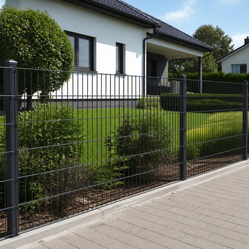 Anthrazitfarbener Doppelstabmattenzaun vor einem Einfamilienhaus