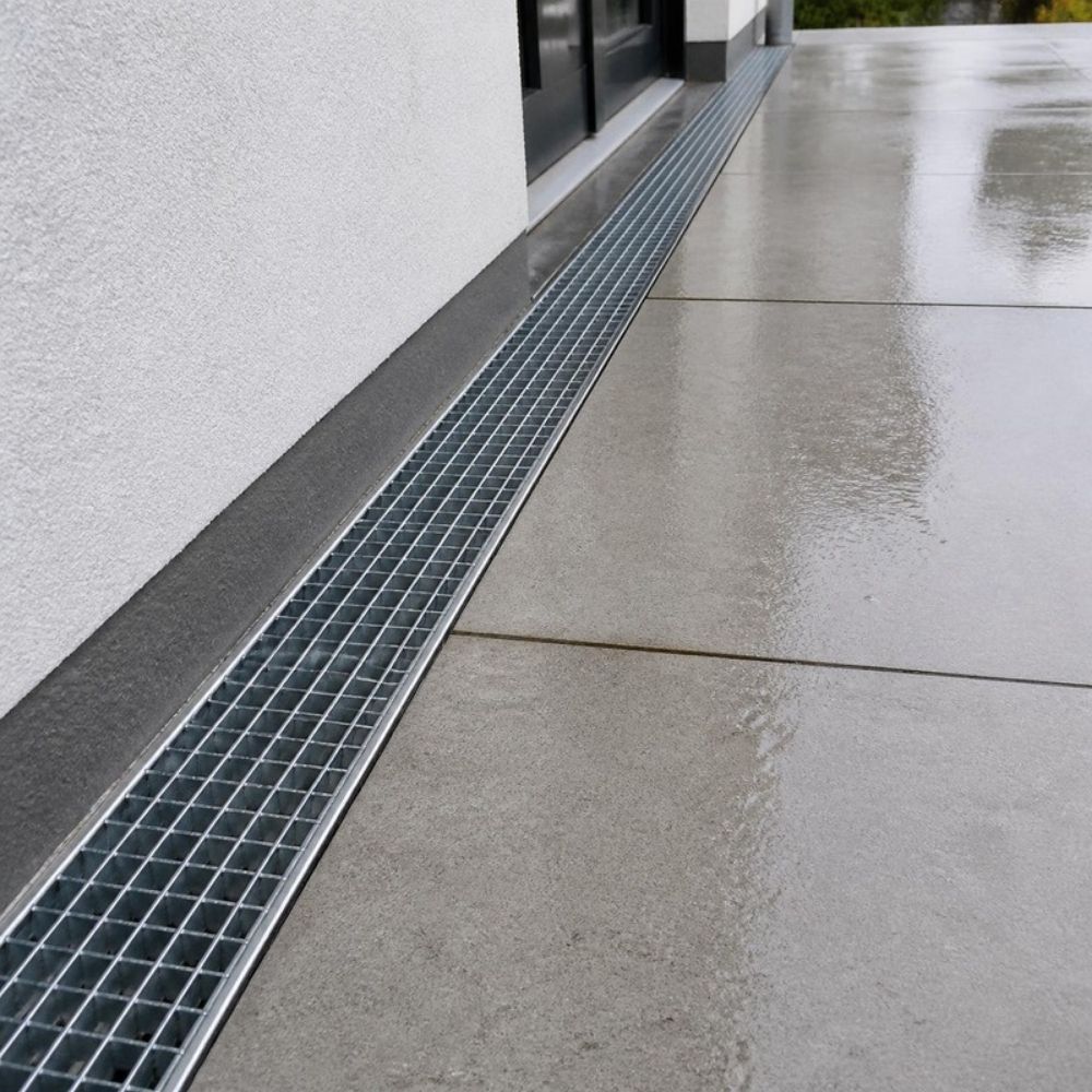 Entwässerungsrinne mit Rost an einer Terrasse