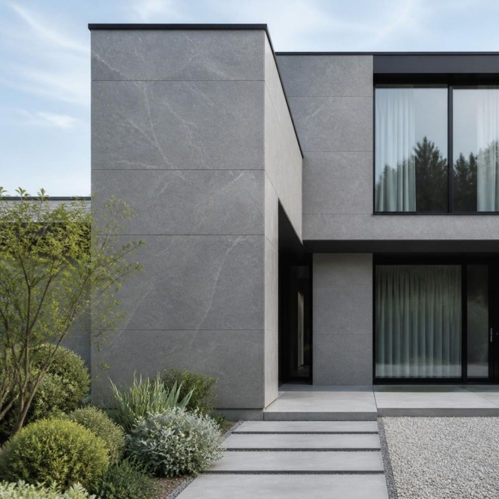 Fassade mit großformatigen Platten in Steinoptik
