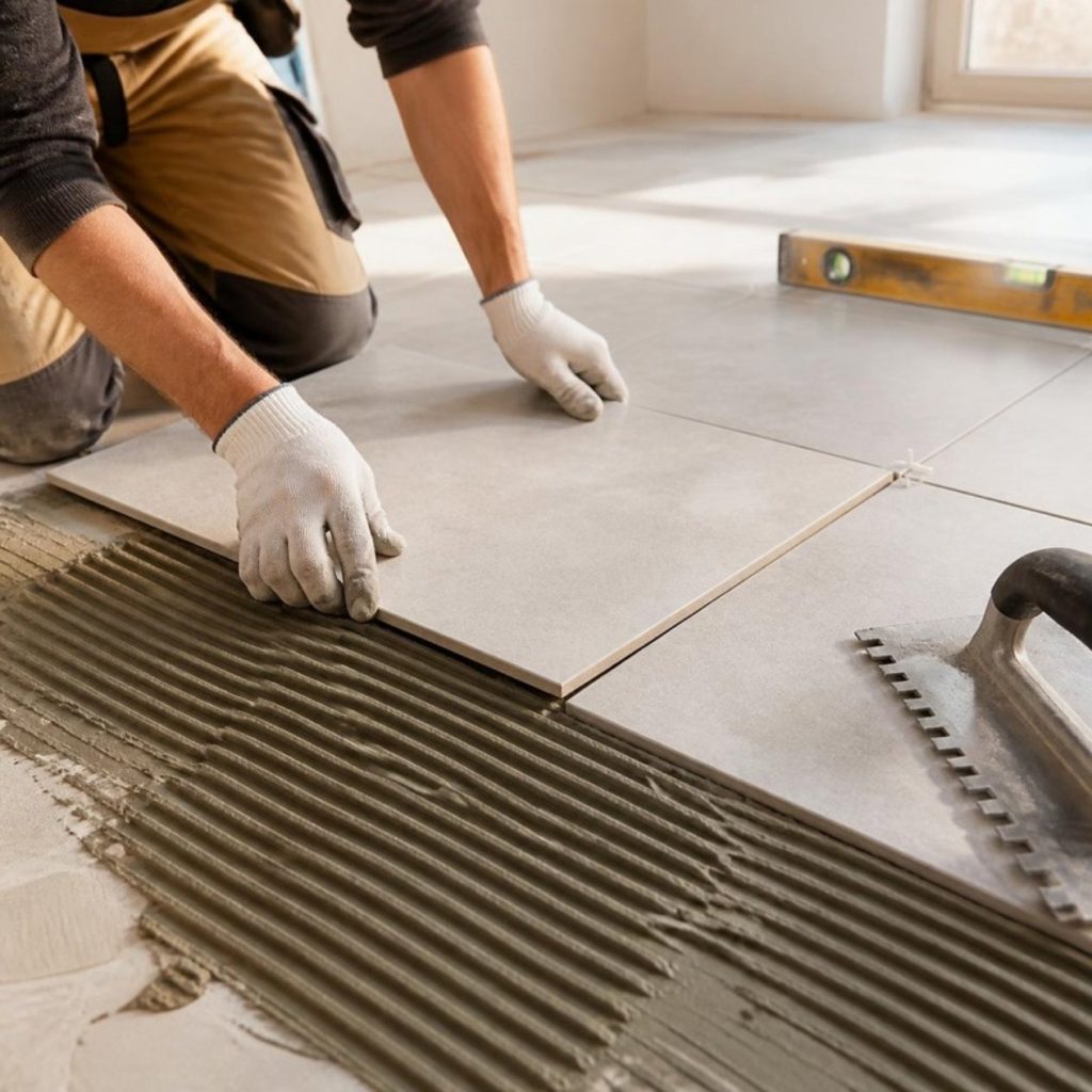 Fliese wird ins Kleberbett aus Fliesenkleber gelegt