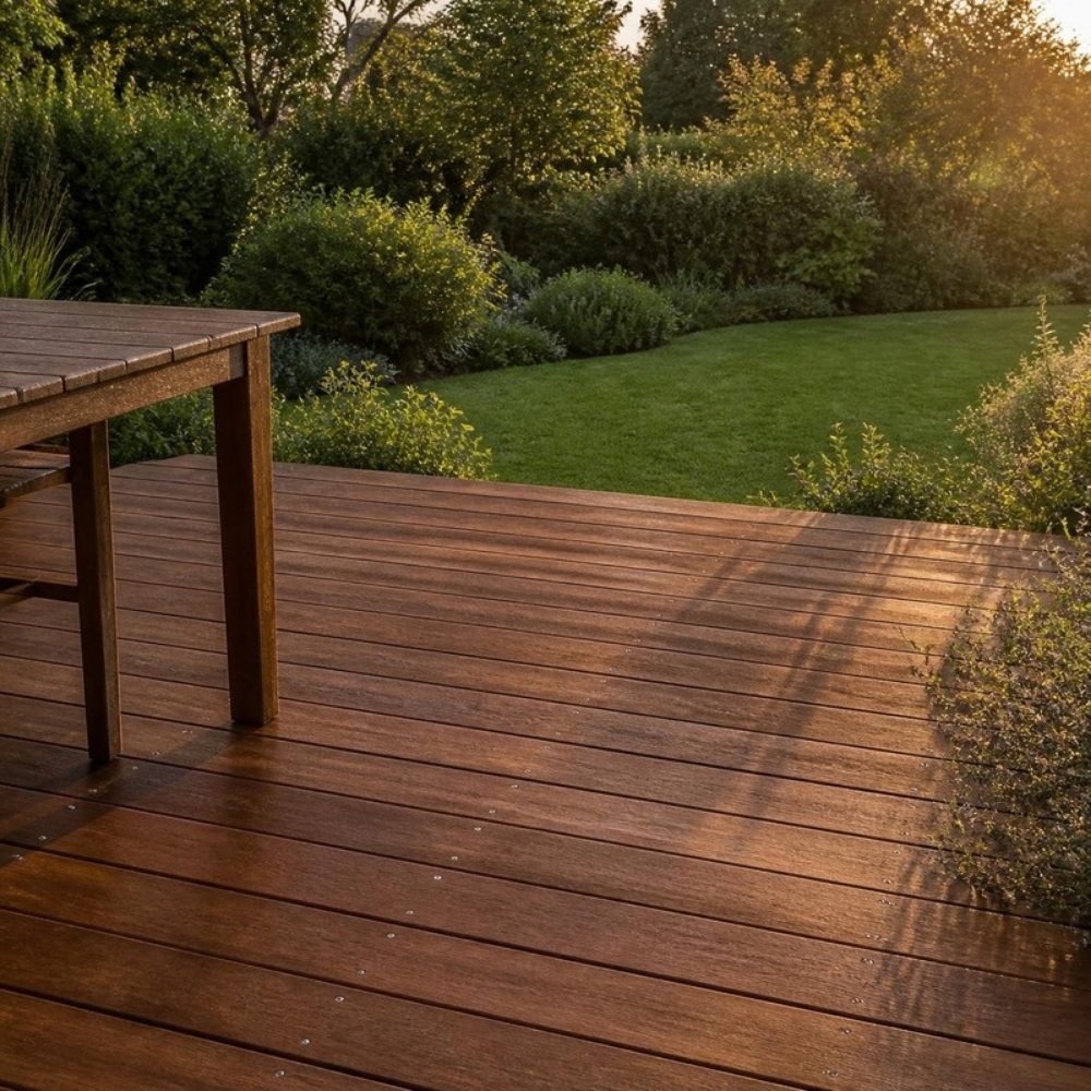 Holzterrasse aus braunen Holzdielen im Garten