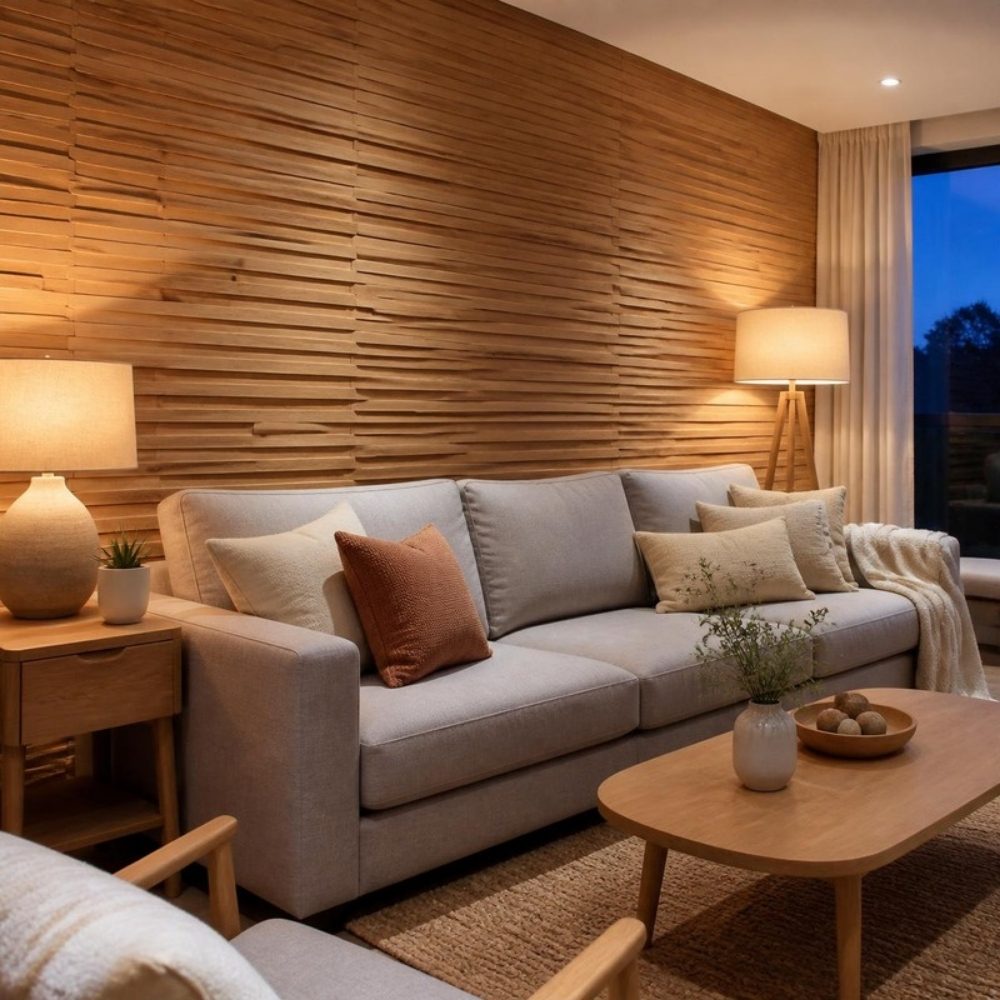 Wohnzimmer mit Akzentwand aus MPC-Wandpaneelen in Holzoptik hinter dem Sofa