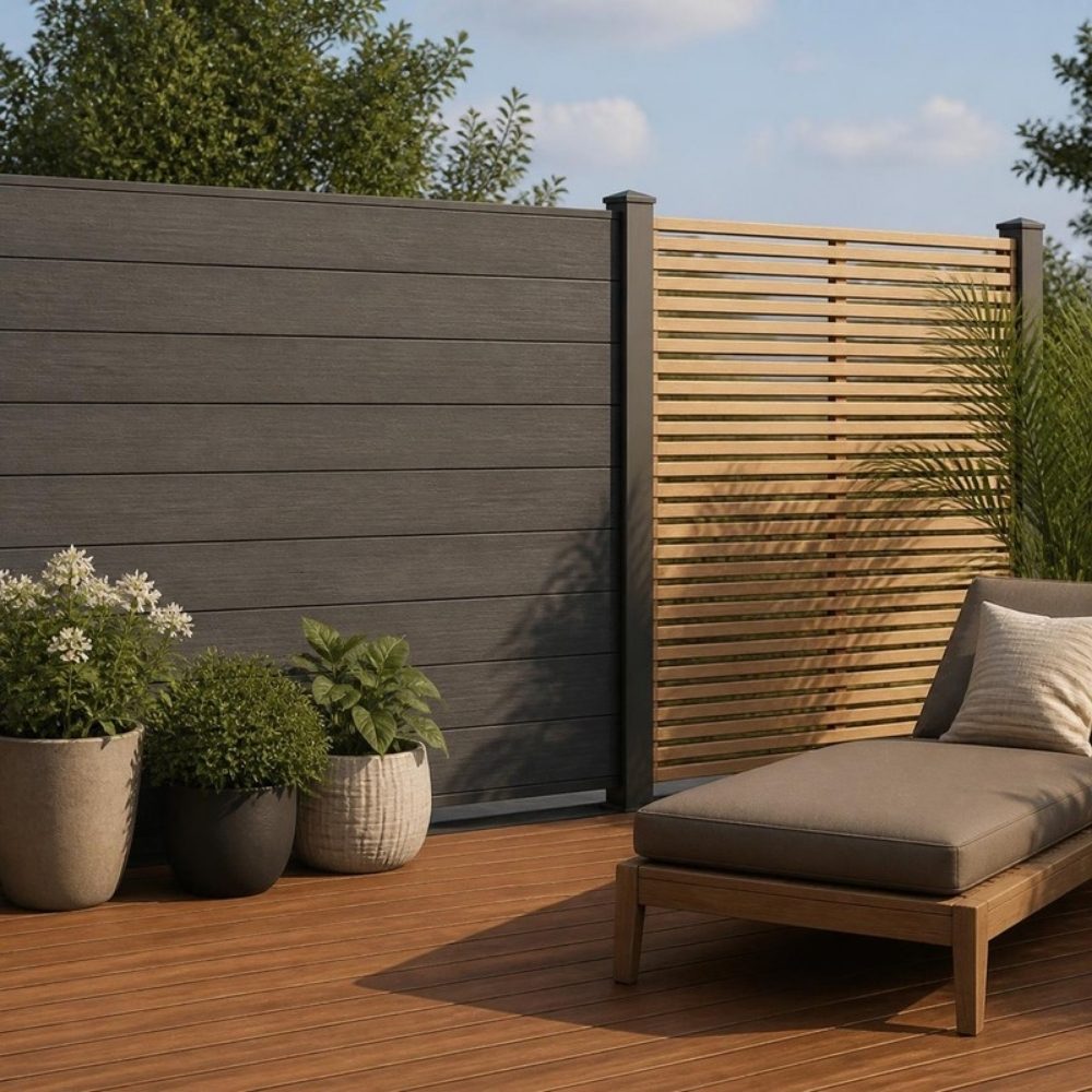 Sichtschutz aus WPC und Holz an einer Terrasse