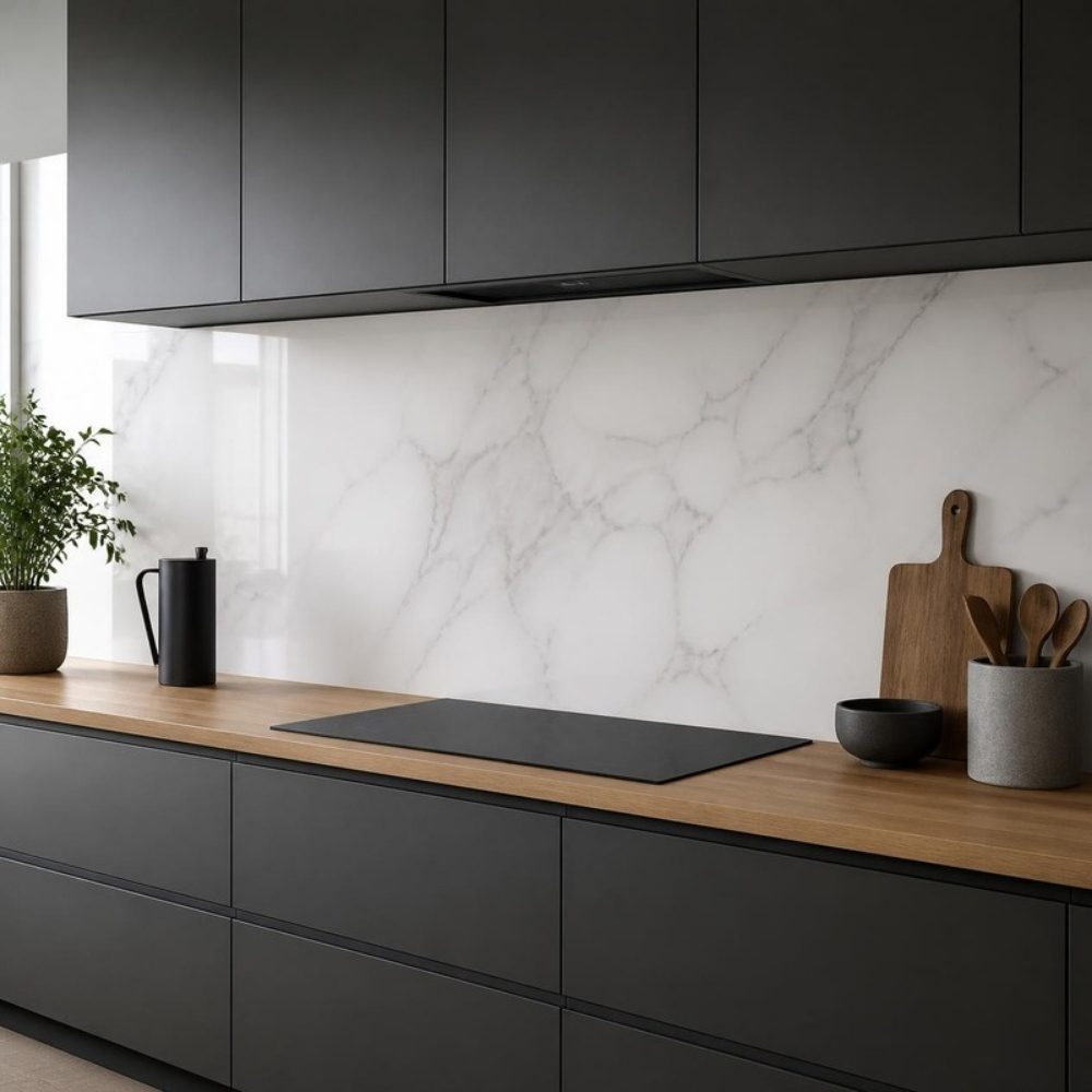 Küche mit Wandpaneel in Marmoroptik als Rückwand über der Arbeitsplatte